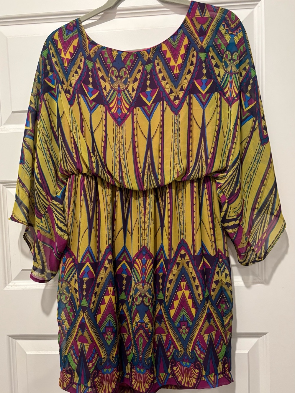 Pink Owl Yellow Geometric Blouson mini dress with Purple & Teal Accents